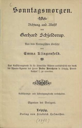 Sonntagsmorgen : [Historisches Aufführungsmaterial der Bayerischen Staatsoper]
