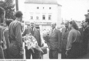Parteitag der Christlich Demokratischen Union (CDU) Sachsen mit Außenminister Georg Dertinger, dem Stellvertretenden Ministerpräsidenten Otto Nuschke und dem Vorsitzenden des CDU-Landesverbandes Josef Rambo, 24. April 1950