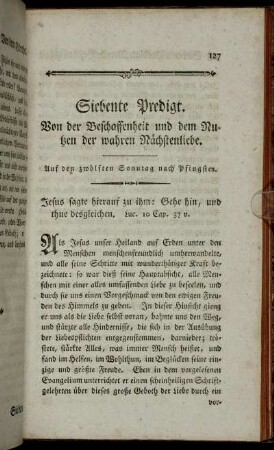 Siebente Predigt. Von der Beschaffenheit und dem Nutzen der wahren Nächstenliebe.