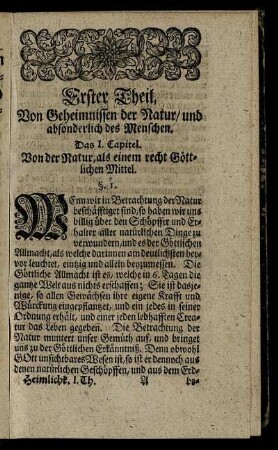 Erster Theil, Von Geheimnissen der Natur / und absonderlich des Menschen.