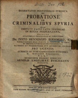 Dissertatio Inavgvralis Ivridica De Probatione In Criminalibvs Spvria