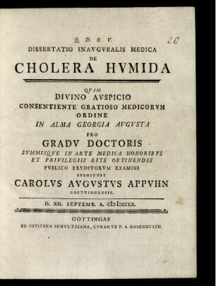 Dissertatio Inauguralis Medica De Cholera Humida