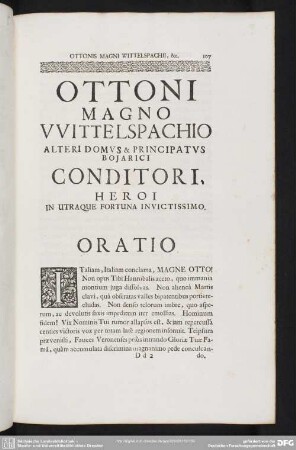 Ottoni Magno Wittelspachio Alteri Domus & Principatus Bojarici Conditori, Heroi In Utraque Fortuna Invictissimo