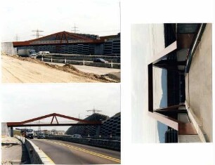 Lärmschutz-Steilwall "Sandweier" Überführung Mittelfeldweg (HWW) und provisorische Verkehrsführung mit Betongleitwänden.