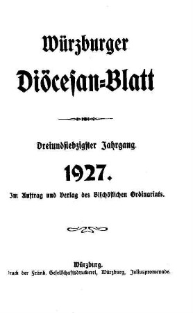 Würzburger Diözesanblatt : amtliches Verordnungsblatt der Diözese Würzburg. 73. 1927