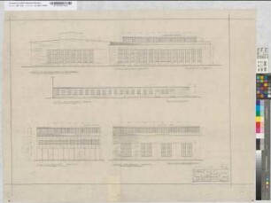 Bahnhof Soest: Wiederaufbau des Lokschuppens I Stand 11-18, Blatt 2: Ansichten [Abgelegt in Mappe: "Entwürfe von Th V", Beschriftung Deutsch/Englisch], M. 1:100 Hgl, Sknr.: 4, Fanr.: 12