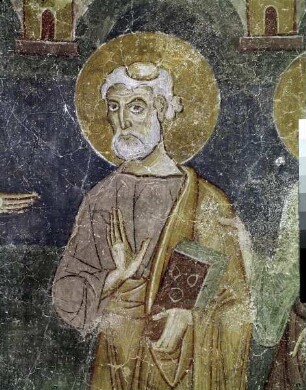 Romanische Dekoration der Nordapsis: Traditio legis und Szenen aus dem Leben des Paulus — Simon Magnus im Streit mit Petrus und Paulus (Passio 16)