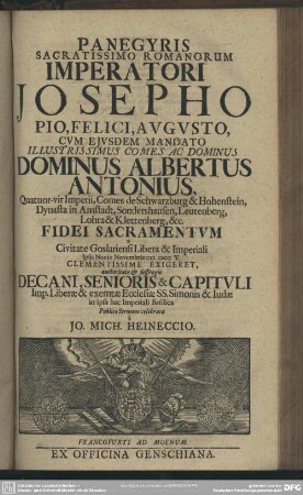 Panegyris Sacratissimo Romanorum Imperatori Josepho Pio, Felici, Augusto