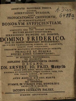 Dissertatio inauguralis iuridica, sistens, assertiones quasdam, circa provocationem creditorum, ad demonstrandam bonorum sufficientiam