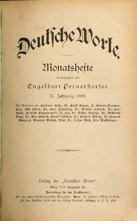 Deutsche Worte : Monatshefte. 9. 1889