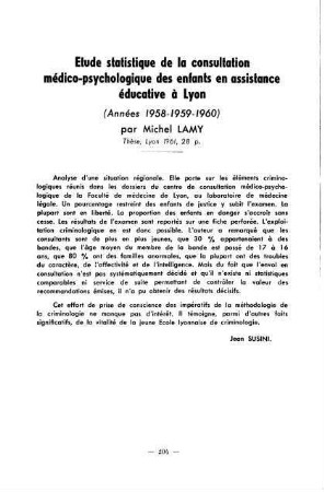 204, Etude statistique de la consultation médico-psychologique des enfants en assistance éducative à Lyon (Années 1958-1959-1960), par Michel Lamy