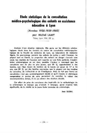 204, Etude statistique de la consultation médico-psychologique des enfants en assistance éducative à Lyon (Années 1958-1959-1960), par Michel Lamy