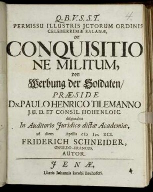 Permissu Illustris Ictorum Ordinis Celeberrimae Salanae, De Conquisitione Militum,