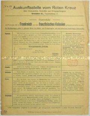 Merkblatt des Roten Kreuzes für den Postverkehr mit Kriegsgefangenen in Frankreich