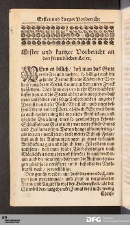 Erster und kurtzer Vorbericht an den freundlichen Leser.