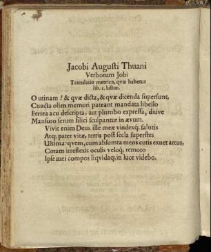 Jacobi Augusti Thuani Verborum Jobi Translatio metrica, quæ habetur lib. I. histor.