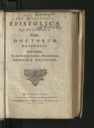 Joh. Beverovicii Epistolicæ Quæstiones : Cum Doctorum Responsis