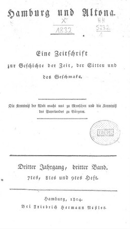 3.1804,3: Hamburg und Altona : eine Zeitschr. zur Geschichte d. Zeit, d. Sitten u.d. Geschmaks