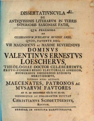 Dissertatiuncula de antiquissimis literarum in terris superioris Saxoniae fatis