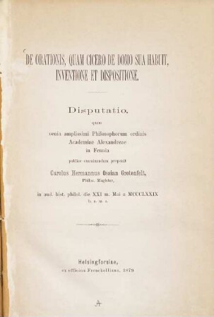 De orationis, quam Cicero de domo suo habuit, inventione et dispositione