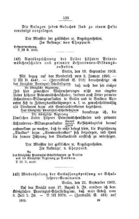Wiederholung der Entlassungsprüfung an Schullehrer-Seminaren : [E. Schullehrer- und Lehrerinnen-Seminare etc., Bildung der Lehrer und deren persönliche Verhältnisse]