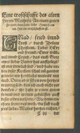 Ein trostschrifft des alten Herren Mathesii/ An einen guten Freund/ dem seine liebe Haußfraw im Herren entschlaffen ist.