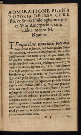 Admiratione Plena Historia De Iesu Christo, ex Suidae Philologia, interprete Vito Amerpachio, cum addita mente M. Neandri.