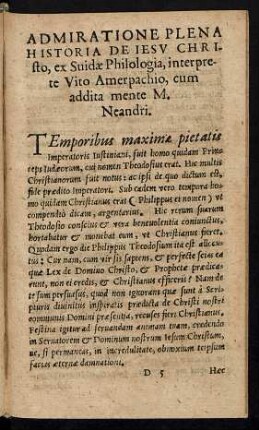 Admiratione Plena Historia De Iesu Christo, ex Suidae Philologia, interprete Vito Amerpachio, cum addita mente M. Neandri.