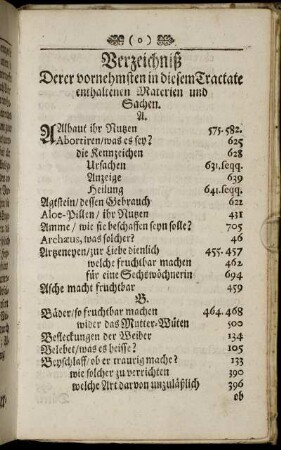 Verzeichniß Derer vornehmsten in diesem Tractate enthaltenen Materien und Sachen.