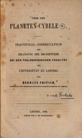 Ueber den Planeten Cybele : Inaug. Dissert.