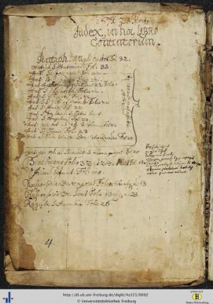 [Vorderer Spiegel] Index, in hoc libro contentorum (Nachtrag des Jahres 1671).