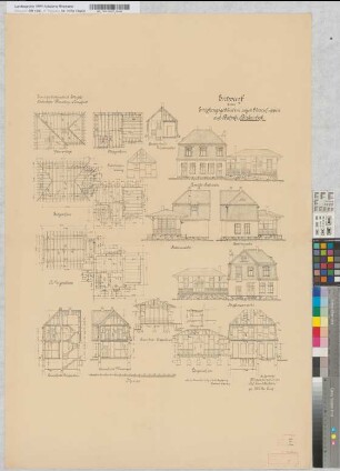 Entwurf zum Empfangsgebäude mit angebautem Güterschuppen auf Bahnhof Birkenhof: Grundrisse, Ansichten, Schnitte, Sparrenlage, M. 1:100 Stnr.: 90, Hge, Bunr.: 5, Blnr.: 1