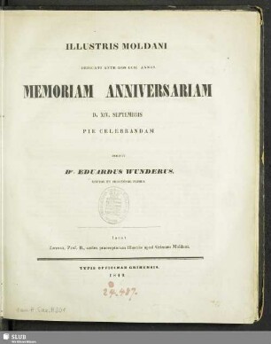 1849: Illustris Moldani dedicati ante hos ... annos memoriam anniversariam ... pie celebrandam ... indicit