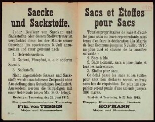 "Saecke und Sackstoffe" (Aufforderung zur Anmeldung von Säcken und Sackstoffen) (No. 113)