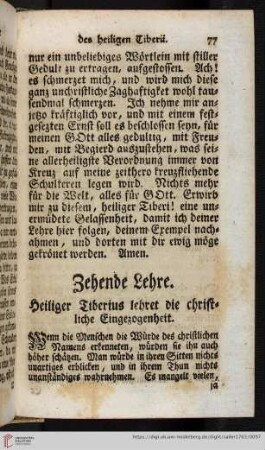 Zehende Lehre. Heiliger Tiberius lehret die christliche Eingezogenheit