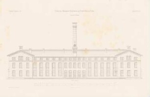 Städtisches Allgemeines Krankenhaus, Berlin-Friedrichshain: Vorderansicht (aus: Atlas zur Zeitschrift für Bauwesen, hrsg. v. F. Endell, Jg. 26, 1876)