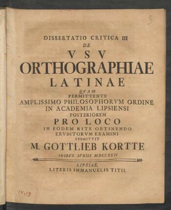 Dissertatio Critica III De Vsv Orthographiae Latinae
