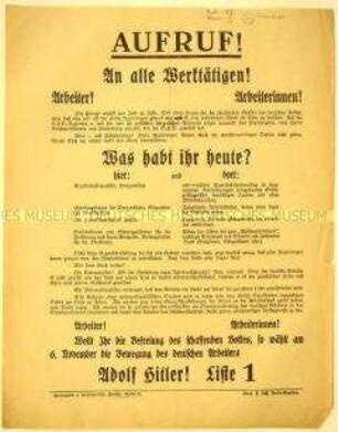 Programmatischer Wahlaufruf der Nationalsozialisten an die Arbeiter und Arbeiterinnen zur Unterstützung Adolf Hitlers bei der Reichstagswahl