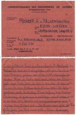 Vordruck-Postkarte von Harald von Koenigswald aus einem Kriegsgefangenenlager in Metz an seinen Schwager - Familienkonvolut