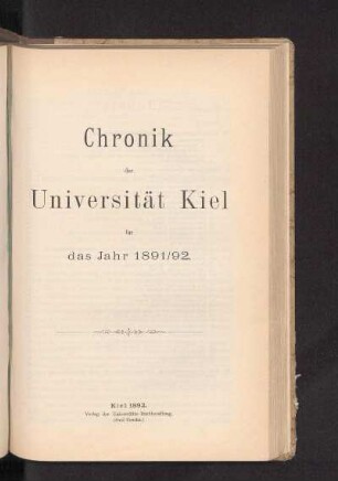 1891/92: Chronik der Universität Kiel für das Jahr 1891/92