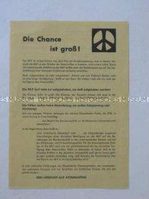 Flugblatt aus der Friedensbewegung mit der Aufforderung zur Unterzeichnung einer Petition an den Bundestag für den Verzicht auf Atomwaffen