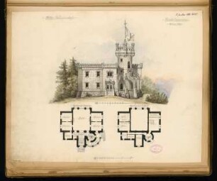 Jagdhaus Monatskonkurrenz Januar 1880: Grundriss Erdgeschoss, Obergeschoss, Aufriss Vorderansicht; 2 Maßstabsleisten