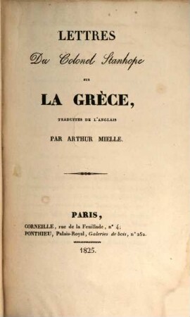 Lettres du colonel Leycester Stanhope sur la Grèce