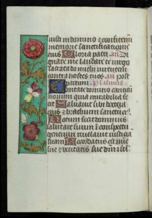Trompe l'oeil-Randbordüre mit Blütenzweigen; (Psalm 97), Zierinitiale: C(antate domino)