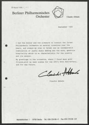 Kurzer Text von C. Abbado zum 60. Geburtstag des Israel Philharmonic Orchestra