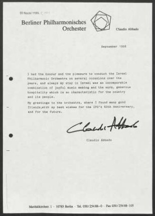 Kurzer Text von C. Abbado zum 60. Geburtstag des Israel Philharmonic Orchestra