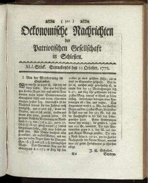 XLI. Stück. Sonnabends den 10 October. 1778.
