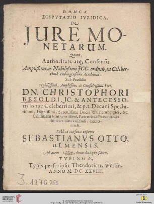Disputatio Iuridica, De Iure Monetarum