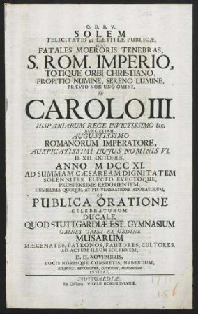 Solem Felicitatis Et Laetitiae Publicae Post Fatales Moeroris Tenebras...