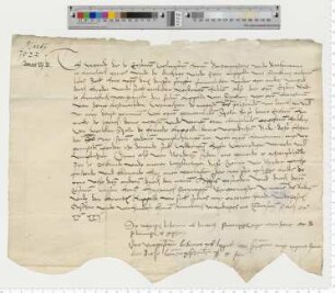 Vertrag der Bürgermeister und Ratsmannen mit Lyppolt van Stockum, der als Nachfolger Hinricks de Wendt auf 10 Jahre als Hauptmann mit vier gerüsteten Pferden in den Sold der Stadt tritt. Eigenhändige Unterschrift des Bürgermeisters Hartich Stoterogge und von Lippelt van Stockem. Die Zahl teyn (10 Jahre) ist aus "ses" verbessert, aber wieder durchstrichen.
